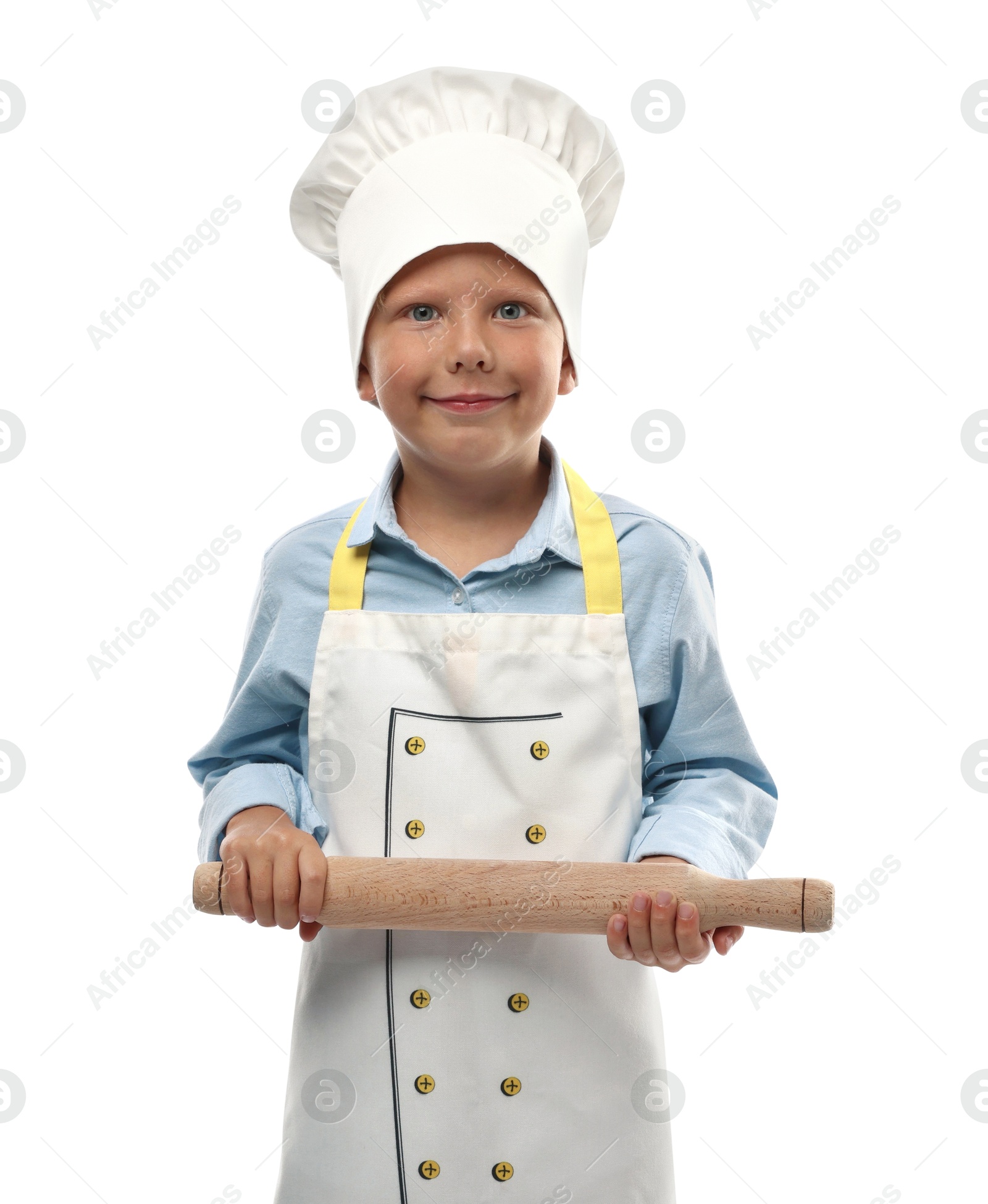 Photo of Choice of profession. Little boy with rolling pin pretending to be chef on white background