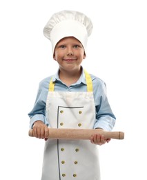 Photo of Choice of profession. Little boy with rolling pin pretending to be chef on white background