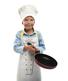 Photo of Choice of profession. Little boy with frying pan pretending to be chef on white background