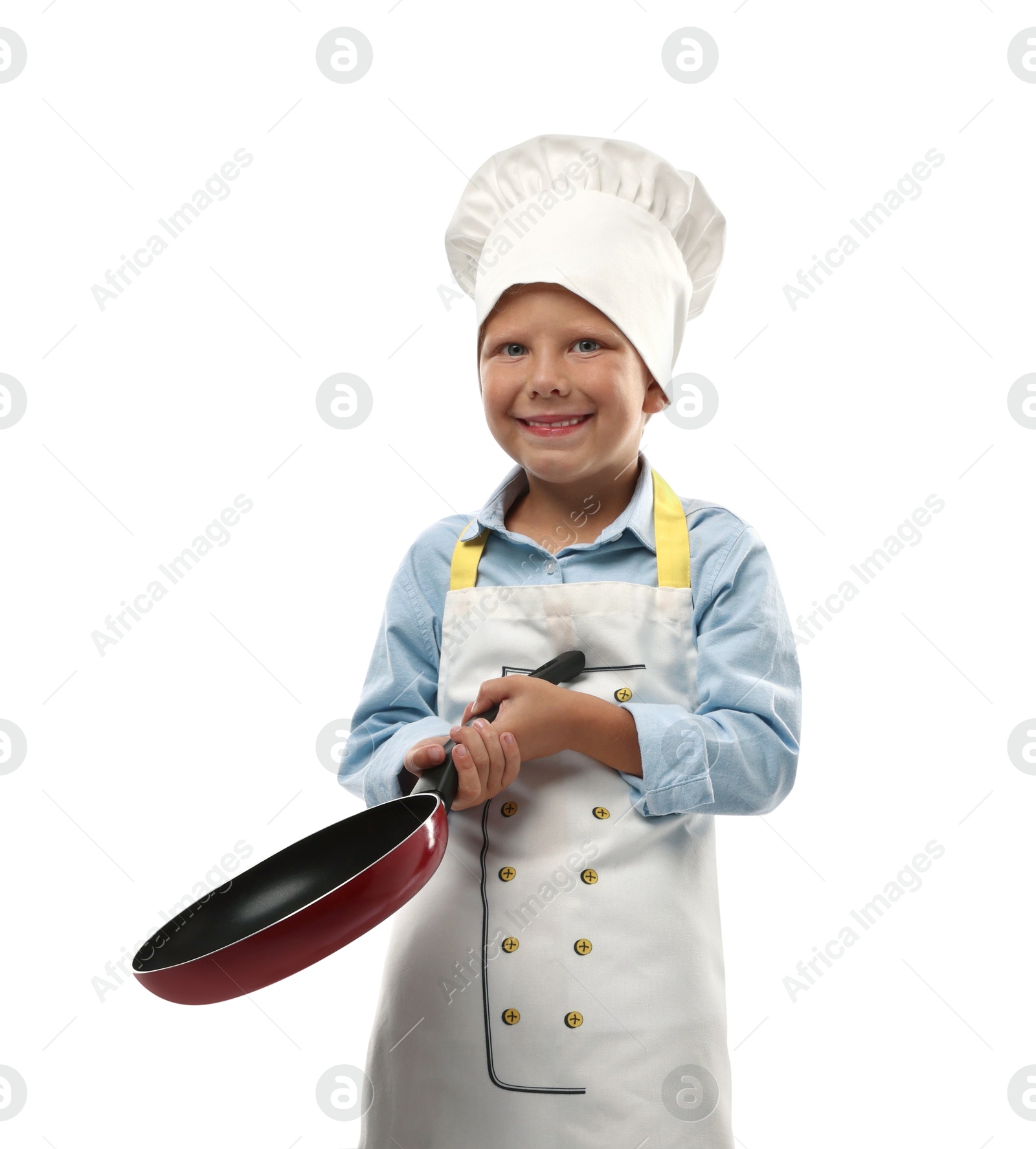 Photo of Choice of profession. Little boy with frying pan pretending to be chef on white background
