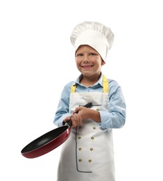 Photo of Choice of profession. Little boy with frying pan pretending to be chef on white background