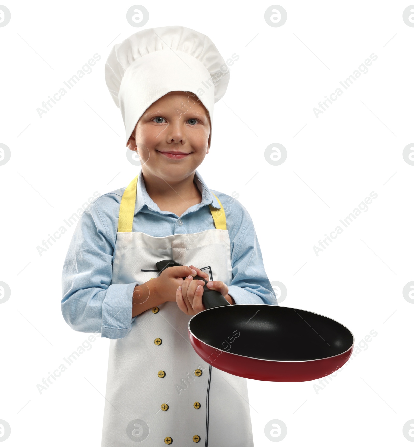 Photo of Choice of profession. Little boy with frying pan pretending to be chef on white background