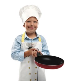 Photo of Choice of profession. Little boy with frying pan pretending to be chef on white background