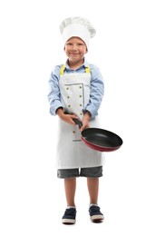 Photo of Choice of profession. Little boy with frying pan pretending to be chef on white background