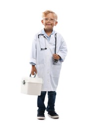 Photo of Choice of profession. Little boy with stethoscope and case pretending to be doctor on white background