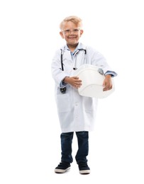 Photo of Choice of profession. Little boy with stethoscope and case pretending to be doctor on white background