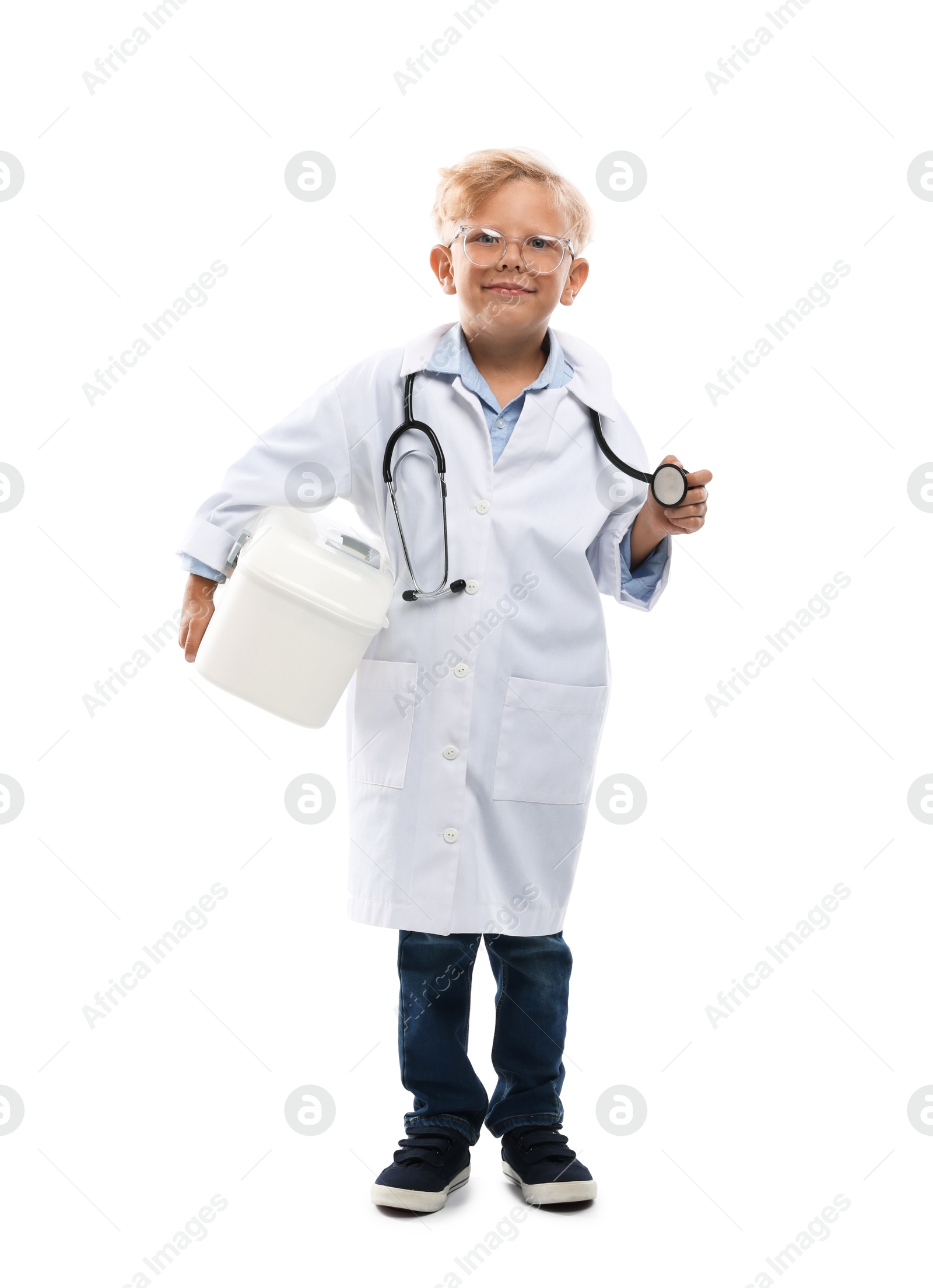 Choice of profession. Little boy with stethoscope and case pretending to be doctor on white background Photo of Choice of profession. Little boy with stethoscope and case pretending to be doctor on white background