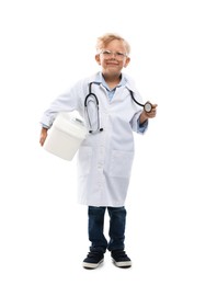 Photo of Choice of profession. Little boy with stethoscope and case pretending to be doctor on white background