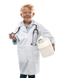 Photo of Choice of profession. Little boy with stethoscope and case pretending to be doctor on white background