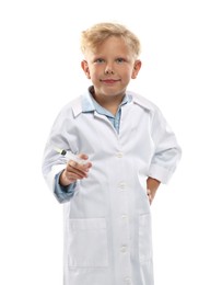 Photo of Choice of profession. Little boy with syringe pretending to be doctor on white background