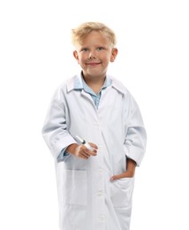 Photo of Choice of profession. Little boy with syringe pretending to be doctor on white background