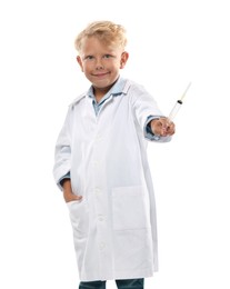 Photo of Choice of profession. Little boy with syringe pretending to be doctor on white background