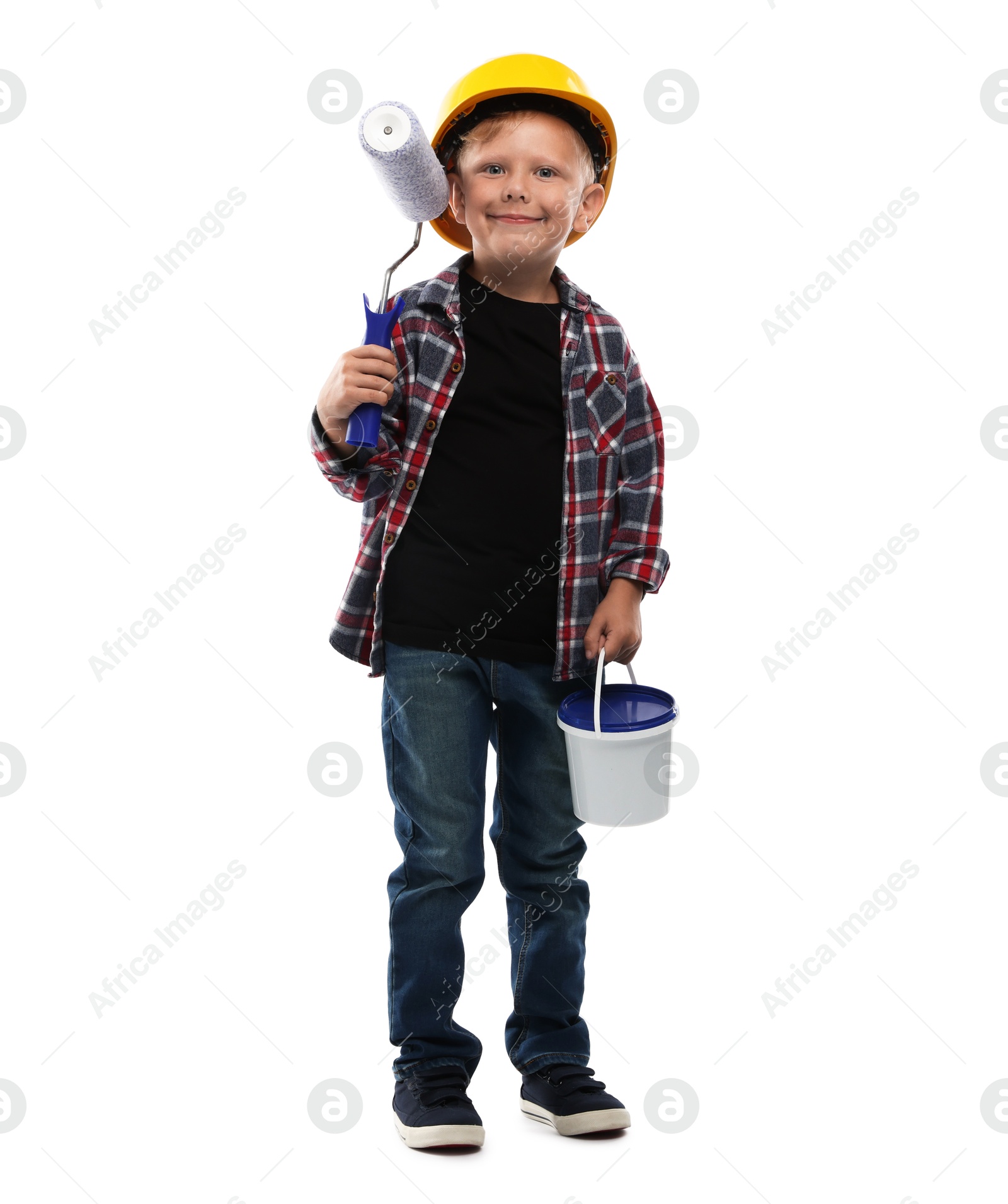 Photo of Choice of profession. Little boy with paint and roller pretending to be painter on white background