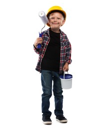Photo of Choice of profession. Little boy with paint and roller pretending to be painter on white background