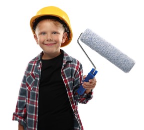 Photo of Choice of profession. Little boy with paint roller pretending to be painter on white background