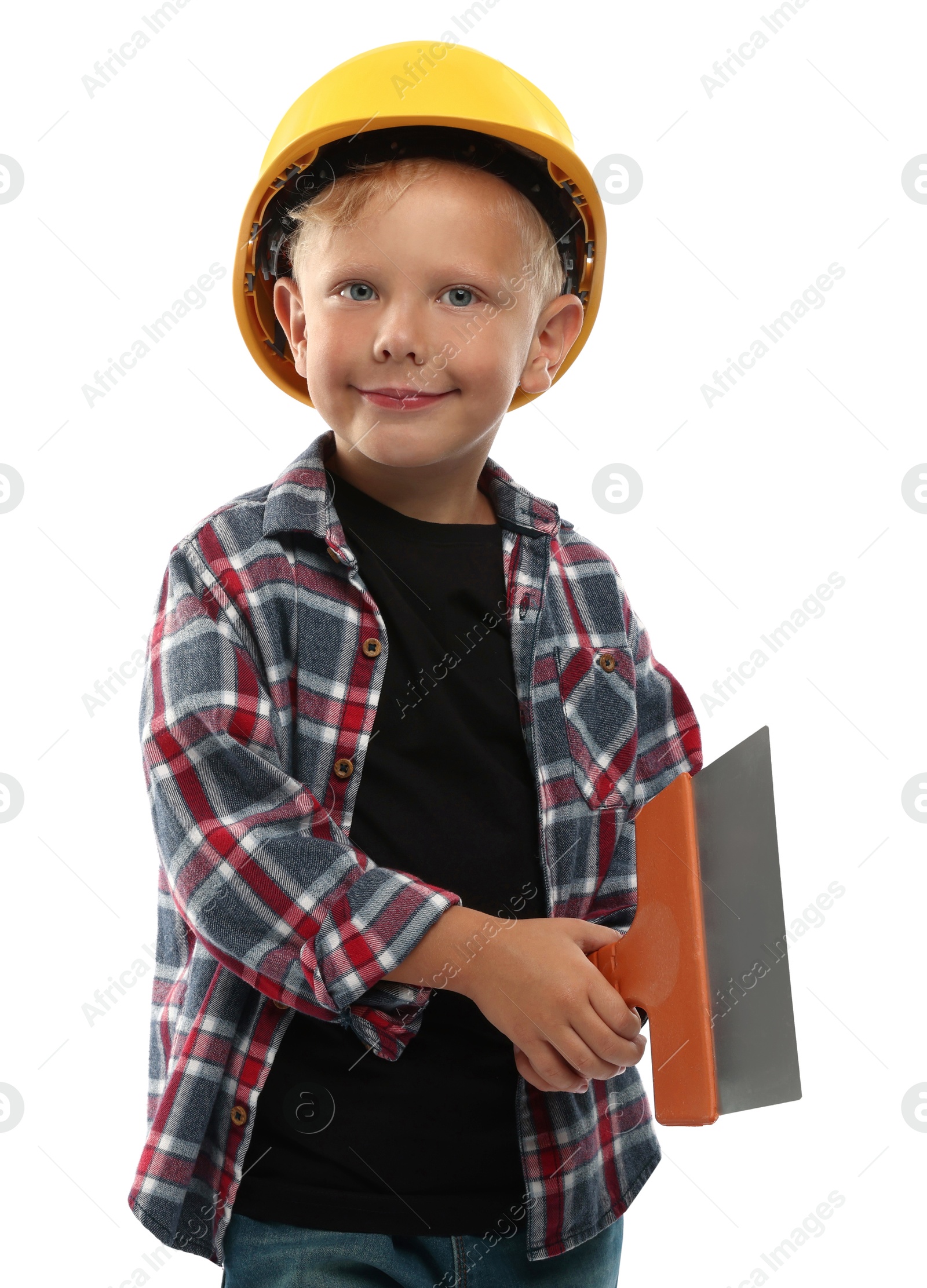 Choice of profession. Little boy with spatula pretending to be builder on white background Photo of Choice of profession. Little boy with spatula pretending to be builder on white background