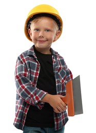 Photo of Choice of profession. Little boy with spatula pretending to be builder on white background