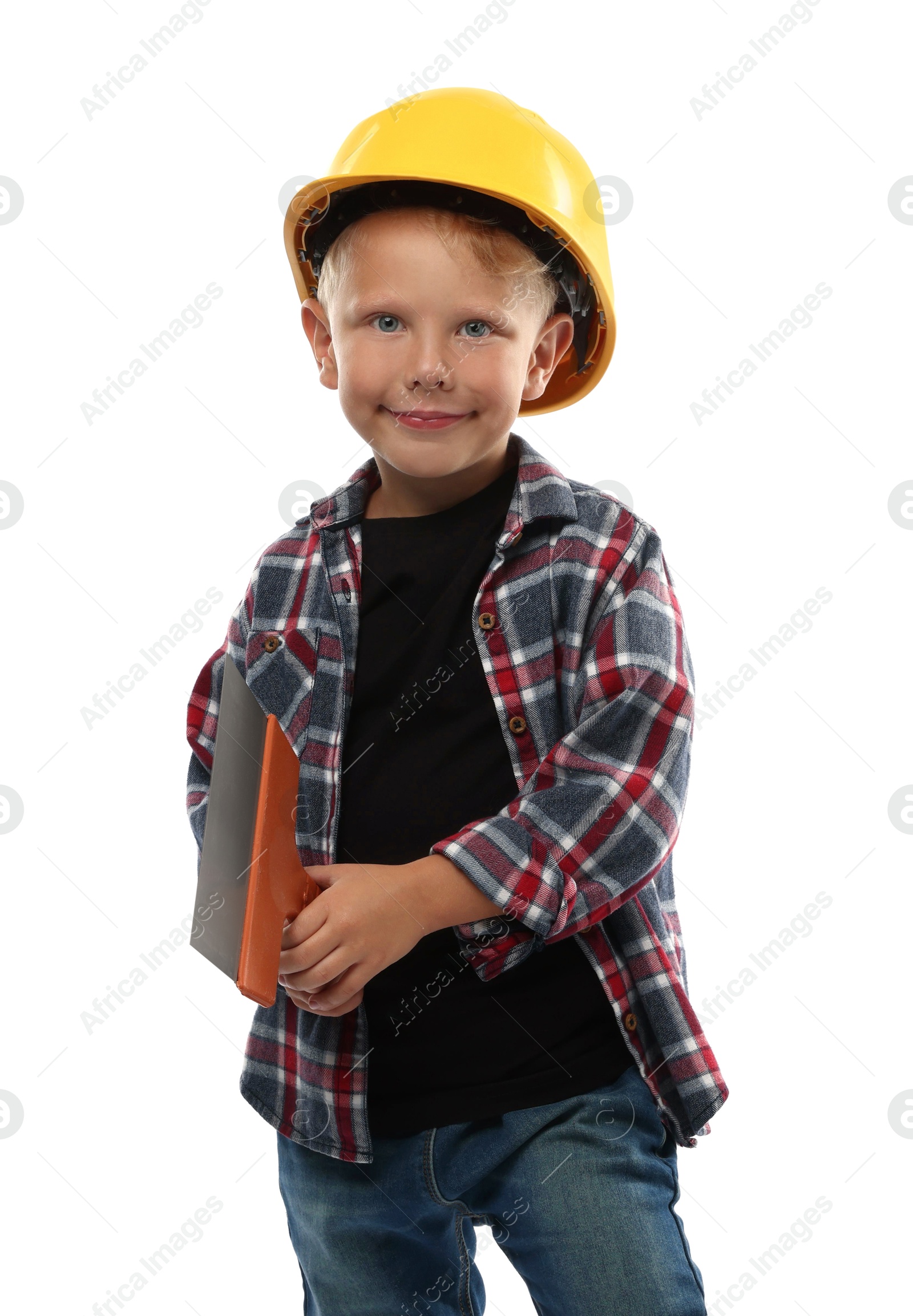 Photo of Choice of profession. Little boy with spatula pretending to be builder on white background