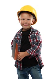 Photo of Choice of profession. Little boy with spatula pretending to be builder on white background