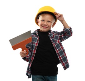 Photo of Choice of profession. Little boy with spatula pretending to be builder on white background