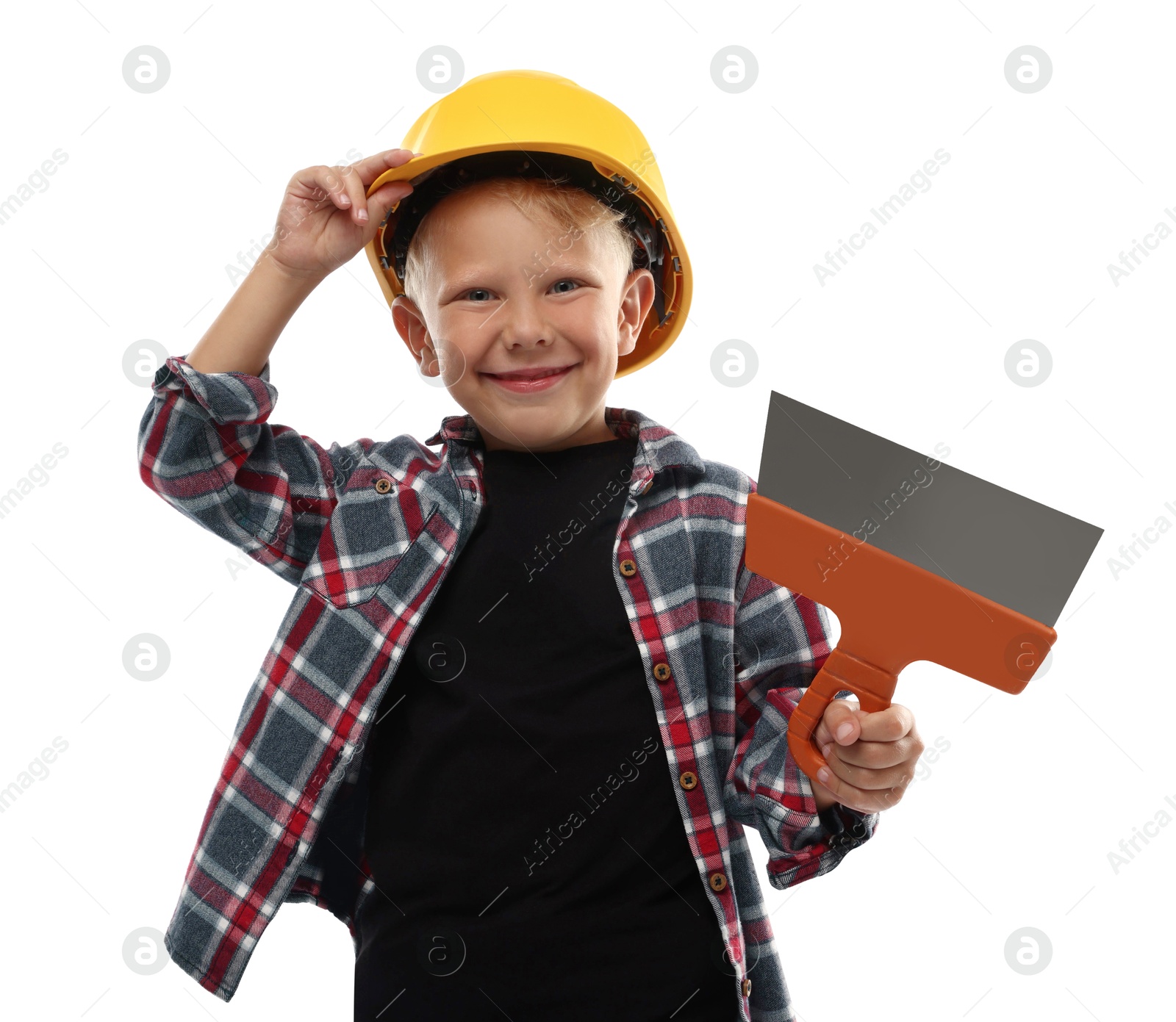Photo of Choice of profession. Little boy with spatula pretending to be builder on white background