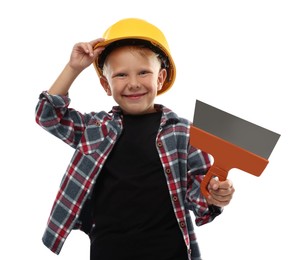 Photo of Choice of profession. Little boy with spatula pretending to be builder on white background