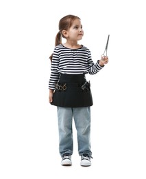Photo of Choice of profession. Cute little girl with tools pretending to be hairdresser on white background