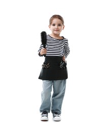 Photo of Choice of profession. Cute little girl with tools pretending to be hairdresser on white background