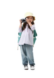 Photo of Choice of profession. Little girl with camera pretending to be photographer on white background