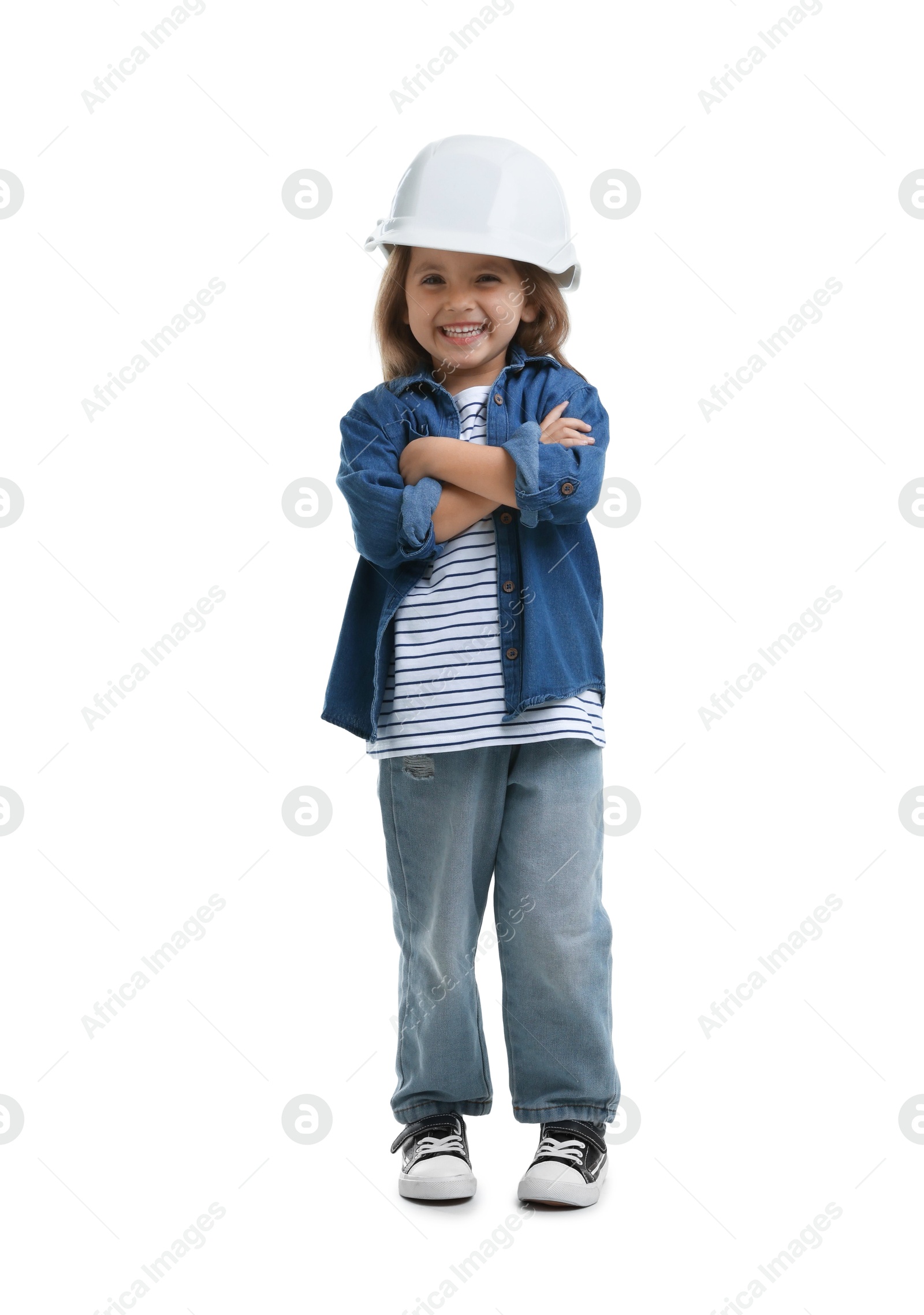 Choice of profession. Happy little girl in hardhat pretending to be architect on white background Photo of Choice of profession. Happy little girl in hardhat pretending to be architect on white background