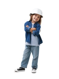 Photo of Choice of profession. Happy little girl in hardhat pretending to be architect on white background