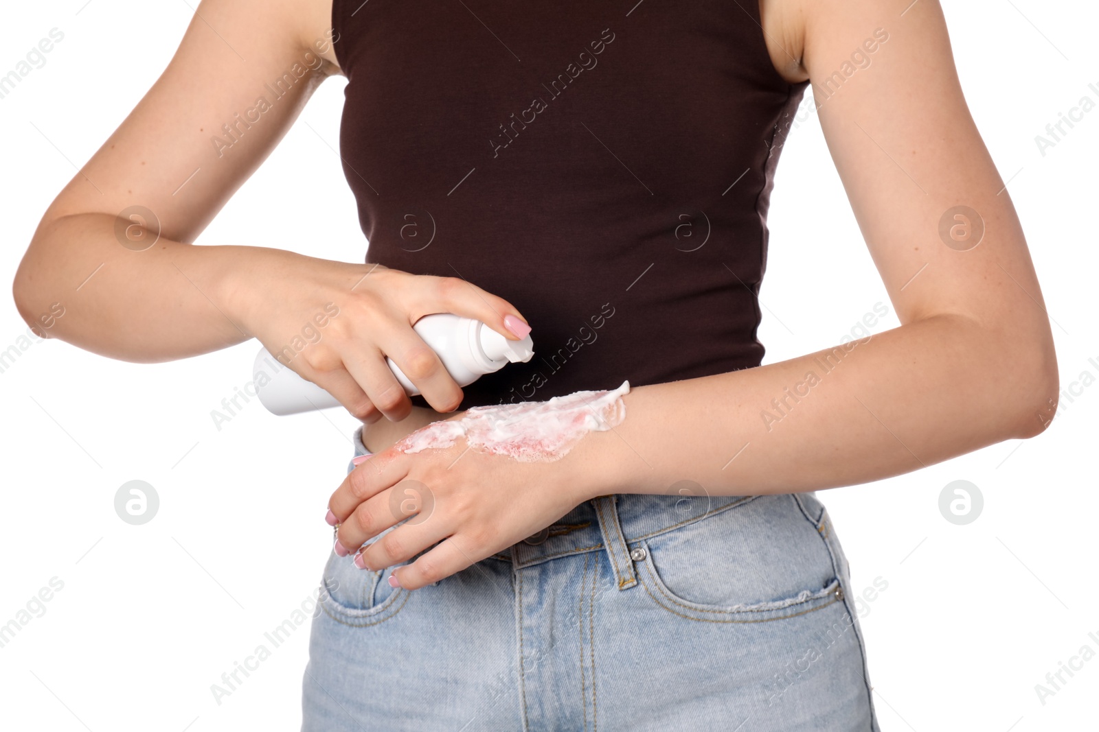 Woman applying healing cream onto burned hand on white background, closeup Photo of Woman applying healing cream onto burned hand on white background, closeup