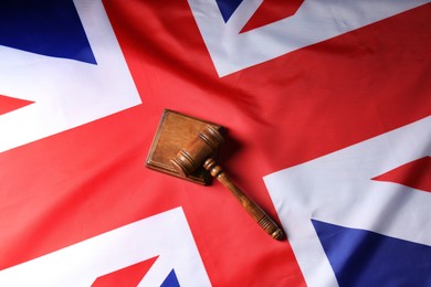 Photo of Judge's gavel on flag of United Kingdom, top view