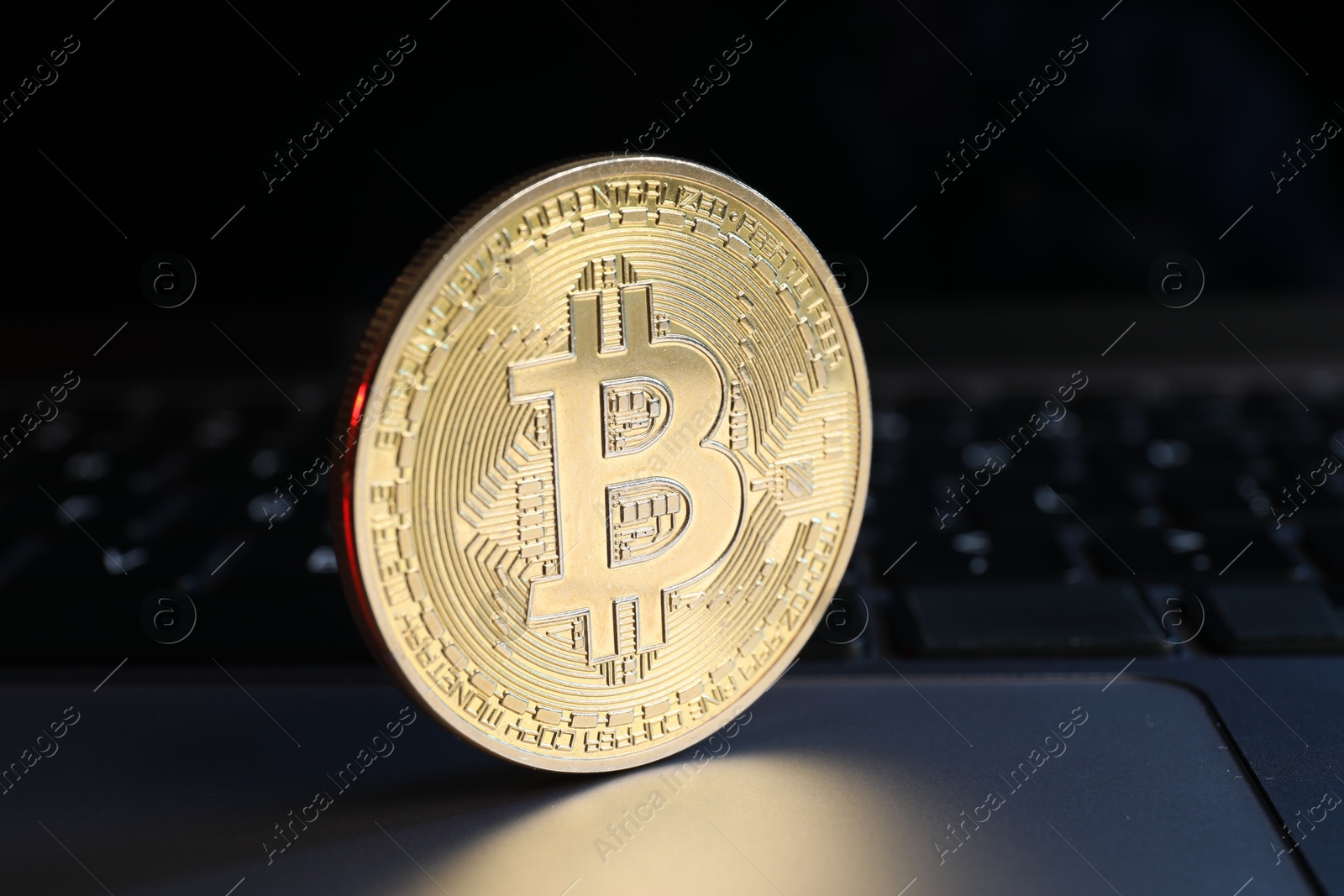 Photo of Cryptocurrency. Golden bitcoin on laptop, closeup view