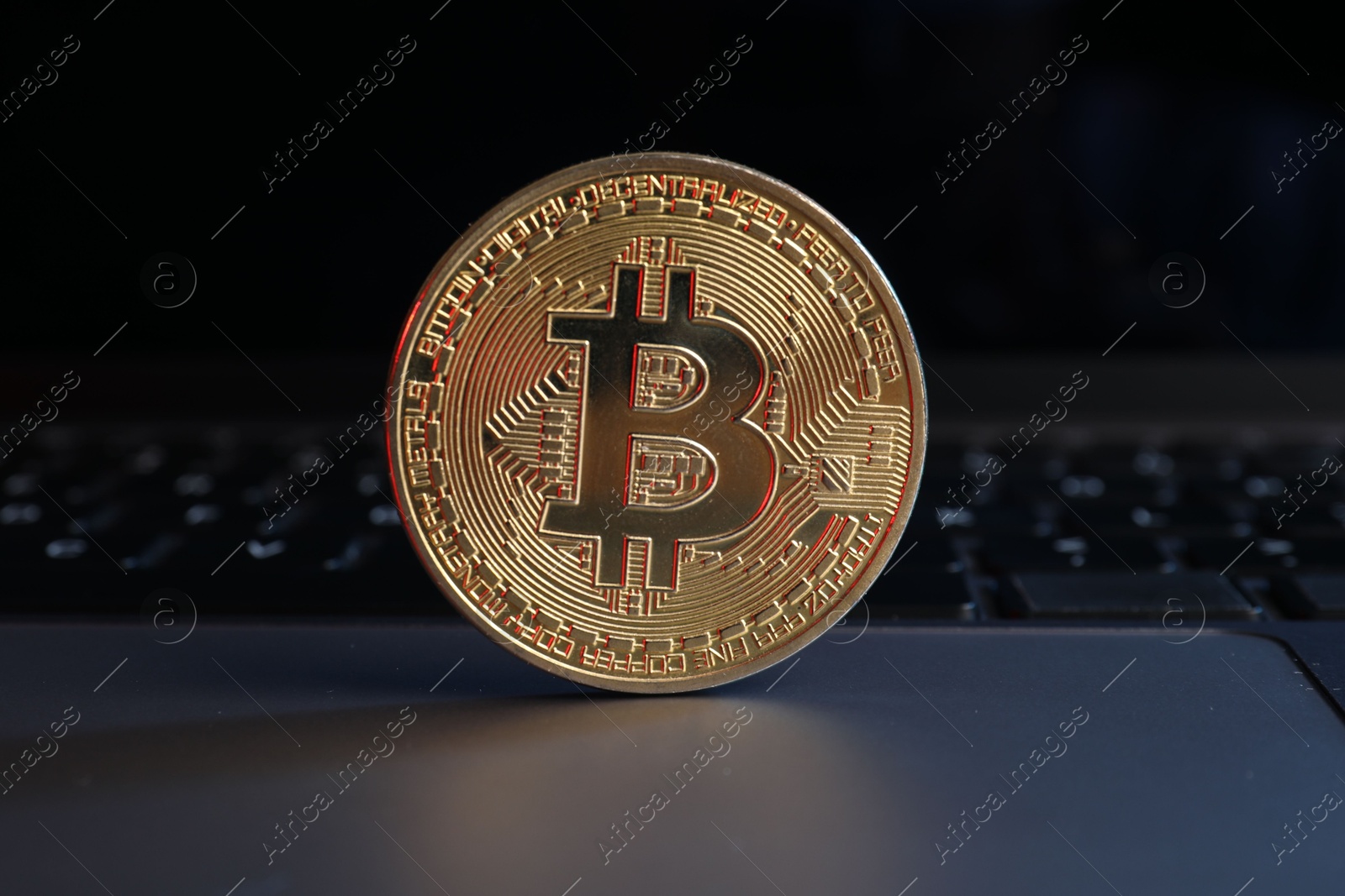 Photo of Cryptocurrency. Golden bitcoin on laptop, closeup view