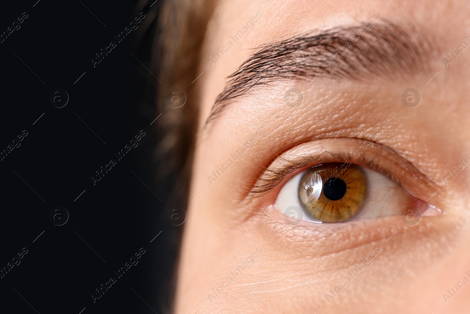 Photo of Woman with beautiful eyes on black background, closeup. Space for text
