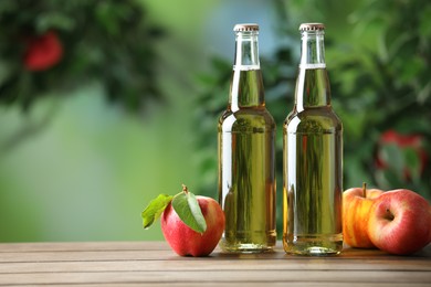 Photo of Delicious cider in glass bottles and apples on wooden table outdoors, space for text