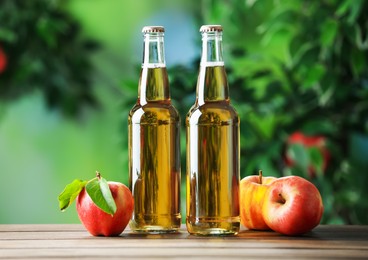 Photo of Delicious cider in glass bottles and apples on wooden table outdoors