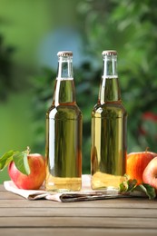 Photo of Delicious cider in glass bottles and apples on wooden table outdoors