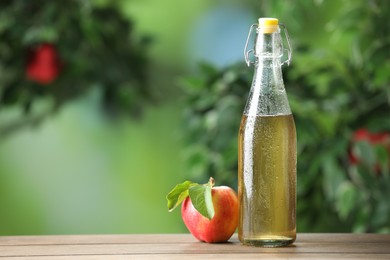 Photo of Delicious cider in glass bottle and apple on wooden table outdoors, space for text