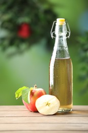 Photo of Delicious cider in glass bottle and apples on wooden table outdoors