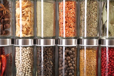 Photo of Different spices in glass jars against grey background, closeup