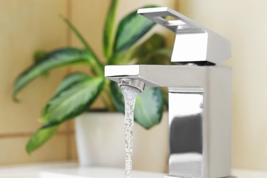 Photo of Water saving concept. Stream of water flowing from tap and houseplant indoors, selective focus. Space for text