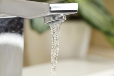 Photo of Water saving concept. Stream of water flowing from tap and houseplant indoors, selective focus. Space for text
