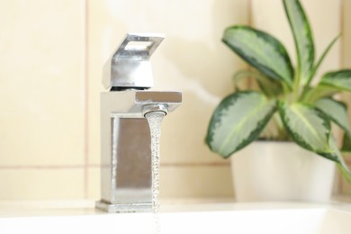 Photo of Water saving concept. Stream of water flowing from tap and houseplant indoors, selective focus
