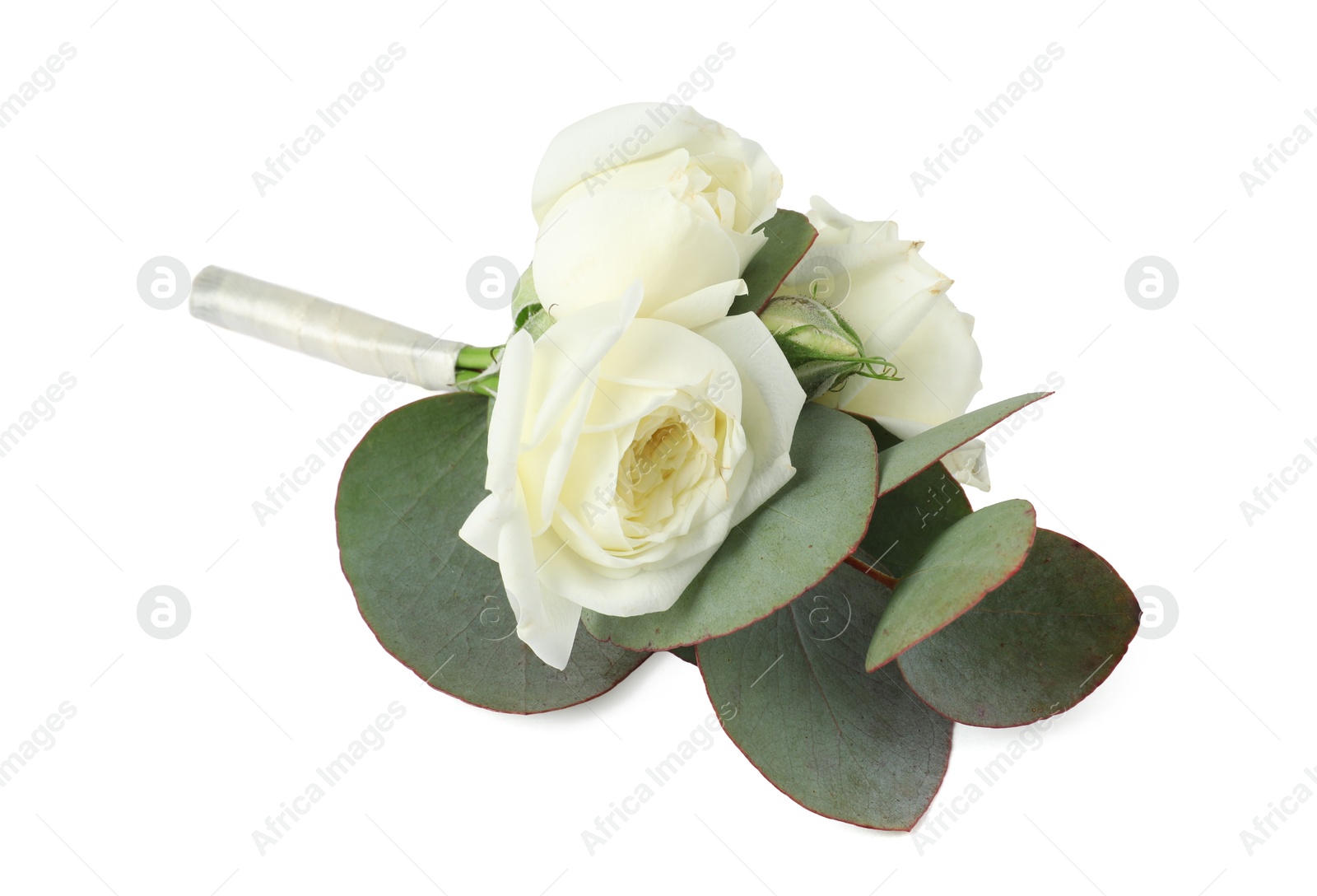 Photo of One stylish small boutonniere isolated on white