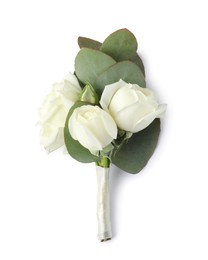 Photo of One stylish small boutonniere isolated on white, top view