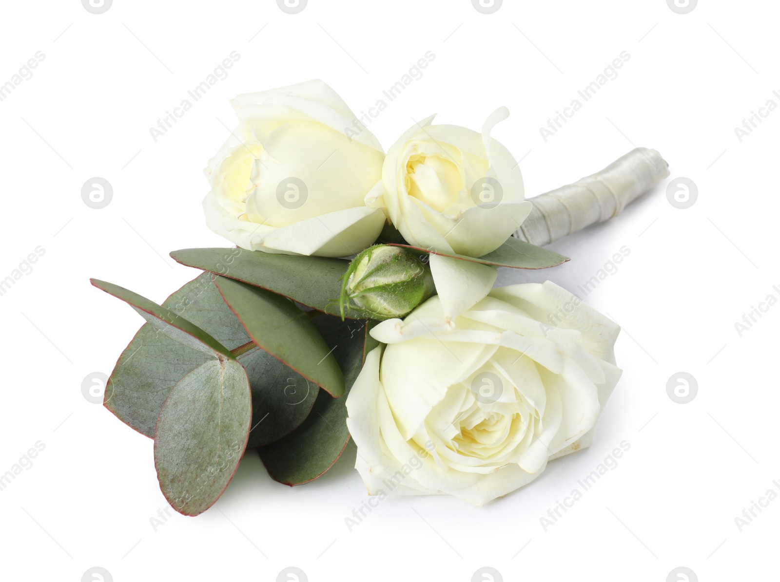 Photo of One stylish small boutonniere isolated on white