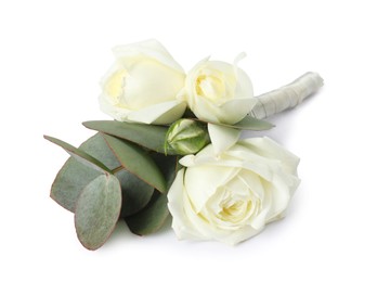 Photo of One stylish small boutonniere isolated on white