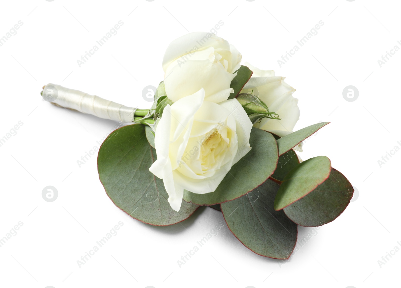 Photo of One stylish small boutonniere isolated on white